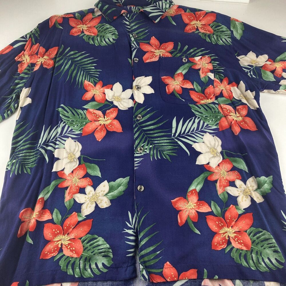 Caribbean Blues Hawaiian Shirt Mens XL Navy Floral 100% Rayon Camp Aloha